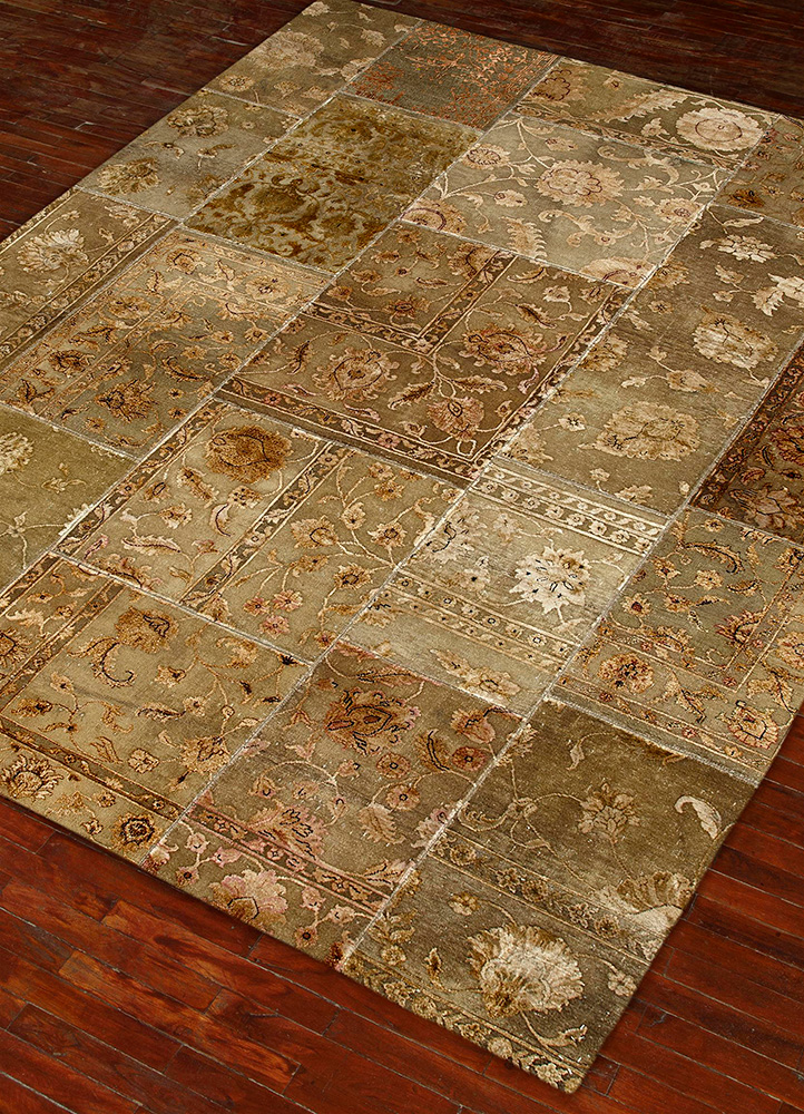 lacuna beige and brown wool and silk patchwork Rug - FloorShot