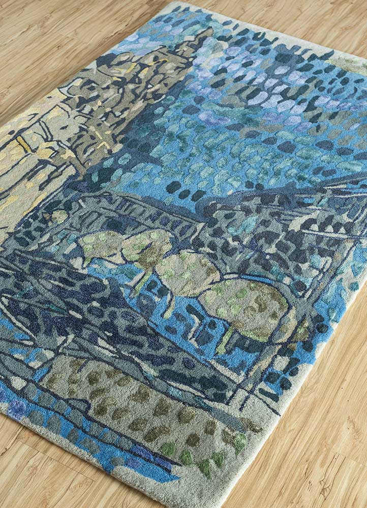 reminiscence blue wool and viscose hand tufted Rug - FloorShot