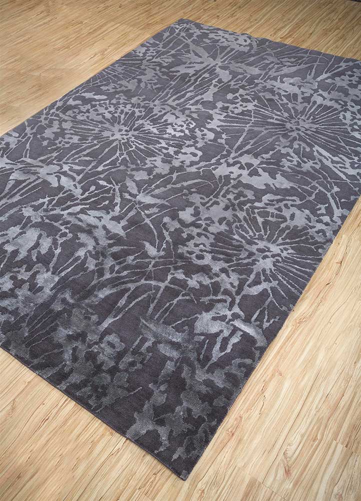 pansy grey and black wool and bamboo silk hand knotted Rug - FloorShot
