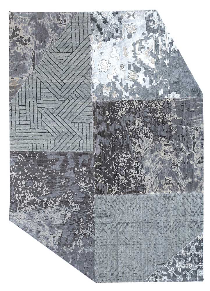 provenance grey and black wool and bamboo silk patchwork Rug - HeadShot