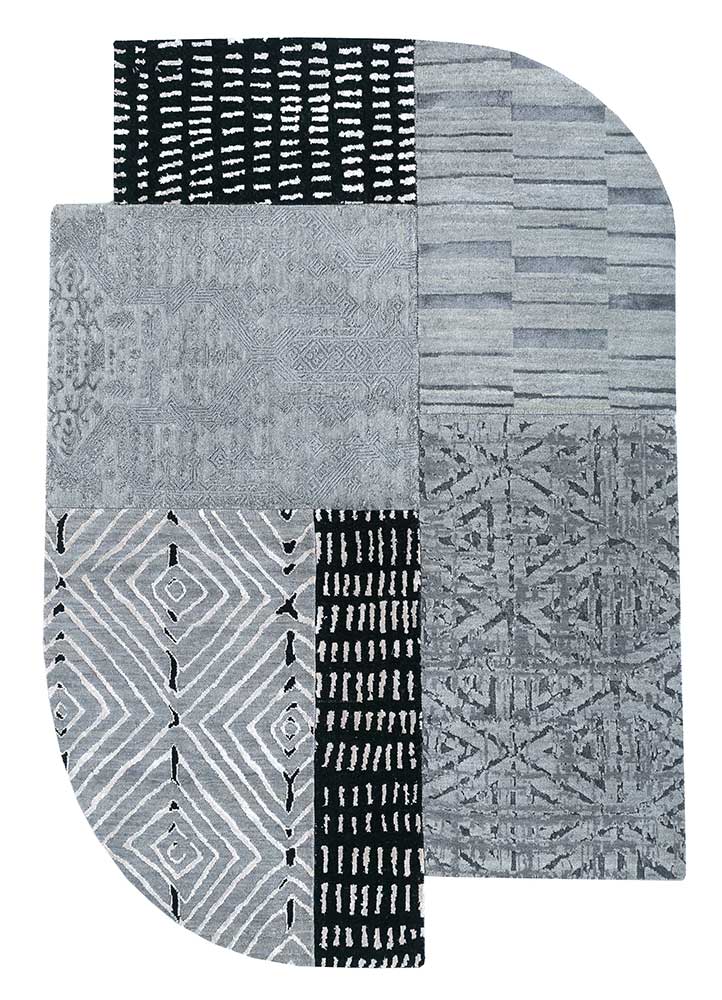 provenance grey and black wool and bamboo silk patchwork Rug - HeadShot