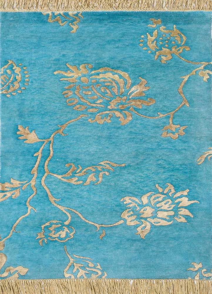 floret blue wool and viscose hand knotted Rug - HeadShot