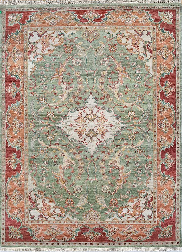 someplace in time green wool hand knotted Rug - HeadShot