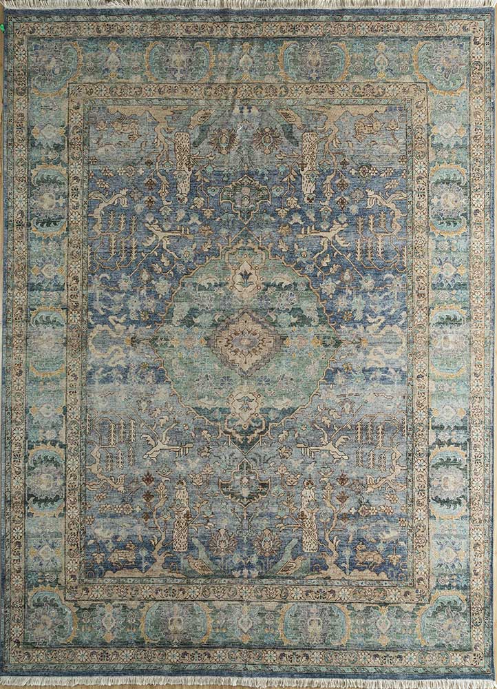 someplace in time blue wool hand knotted Rug - HeadShot