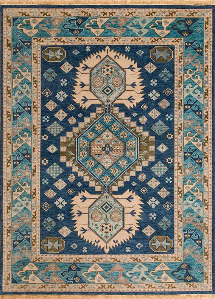 village by artemis blue wool hand knotted Rug - HeadShot