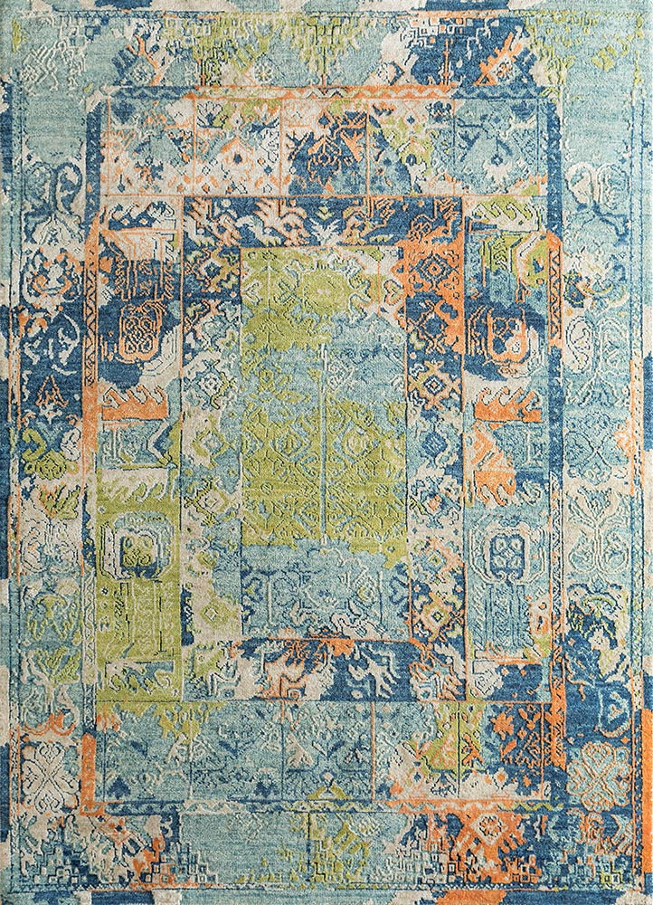 far east blue wool and silk hand knotted Rug - HeadShot
