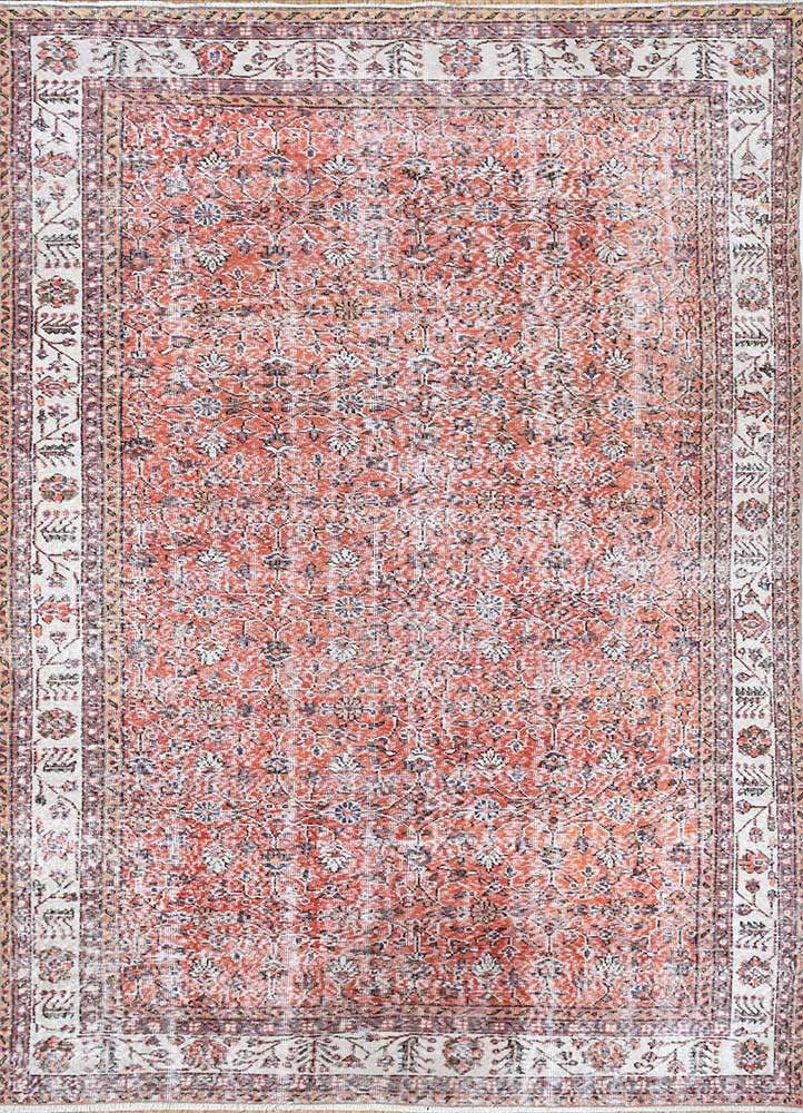 vintage red and orange wool hand knotted Rug - HeadShot