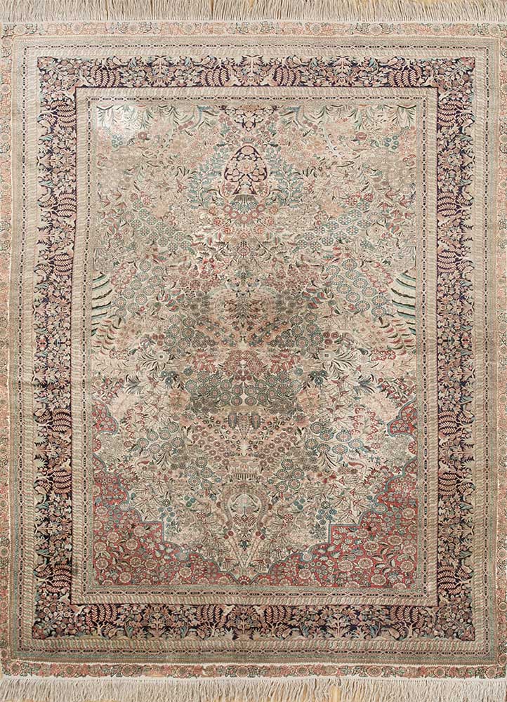 aalam beige and brown silk hand knotted Rug - HeadShot