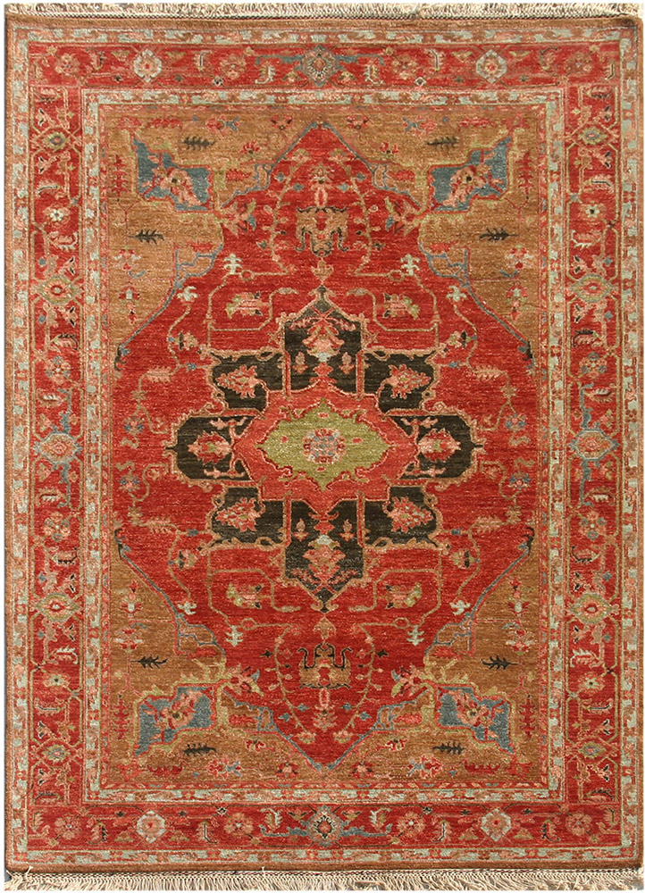 village by artemis red and orange wool hand knotted Rug - HeadShot