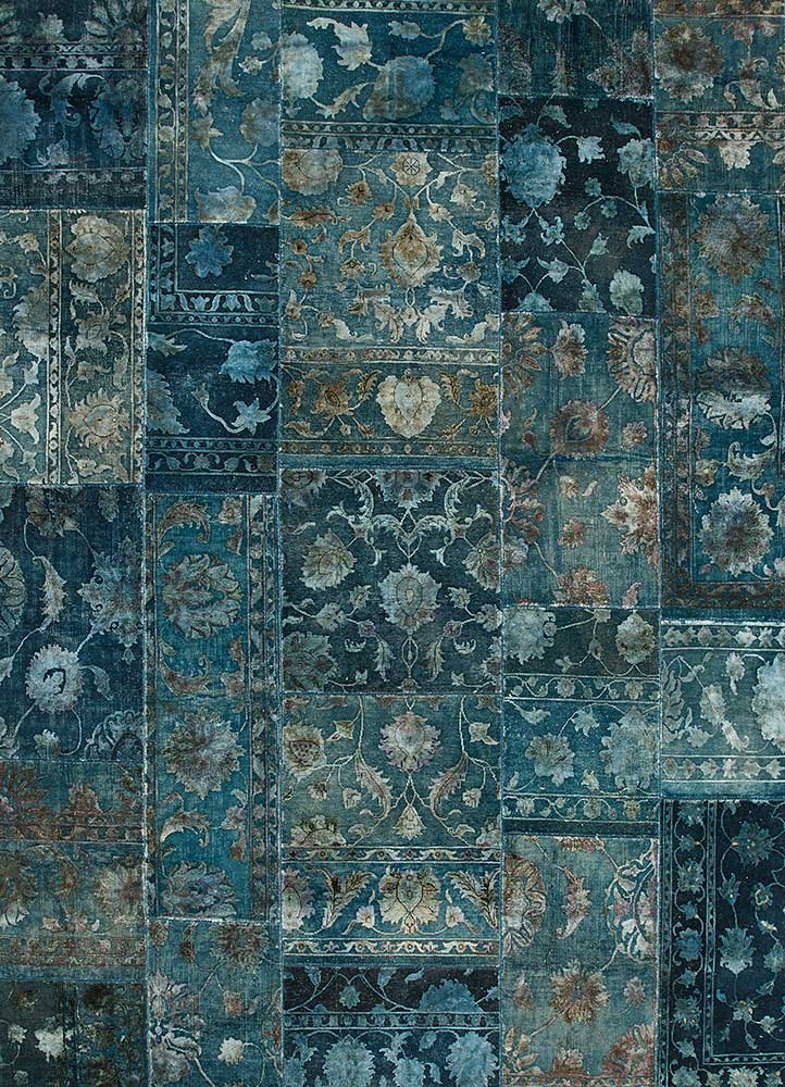 lacuna blue wool and silk patchwork Rug - HeadShot