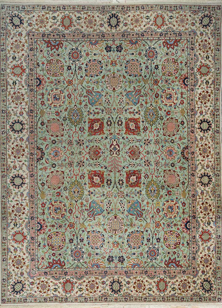 antique green wool hand knotted Rug - HeadShot