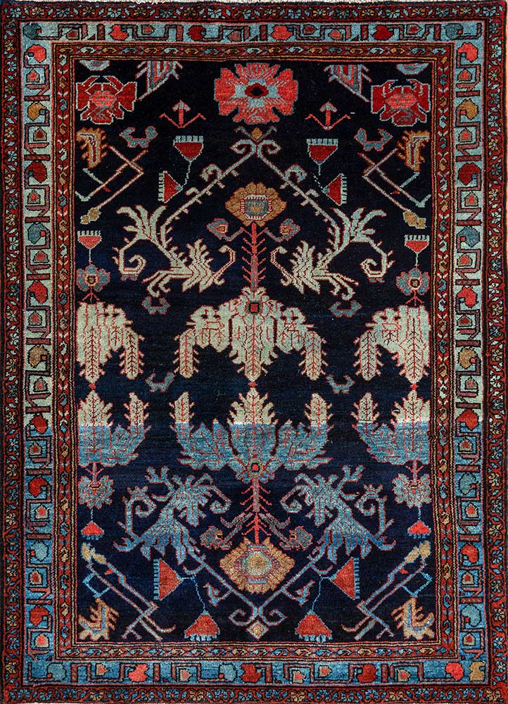 antique blue wool hand knotted Rug - HeadShot