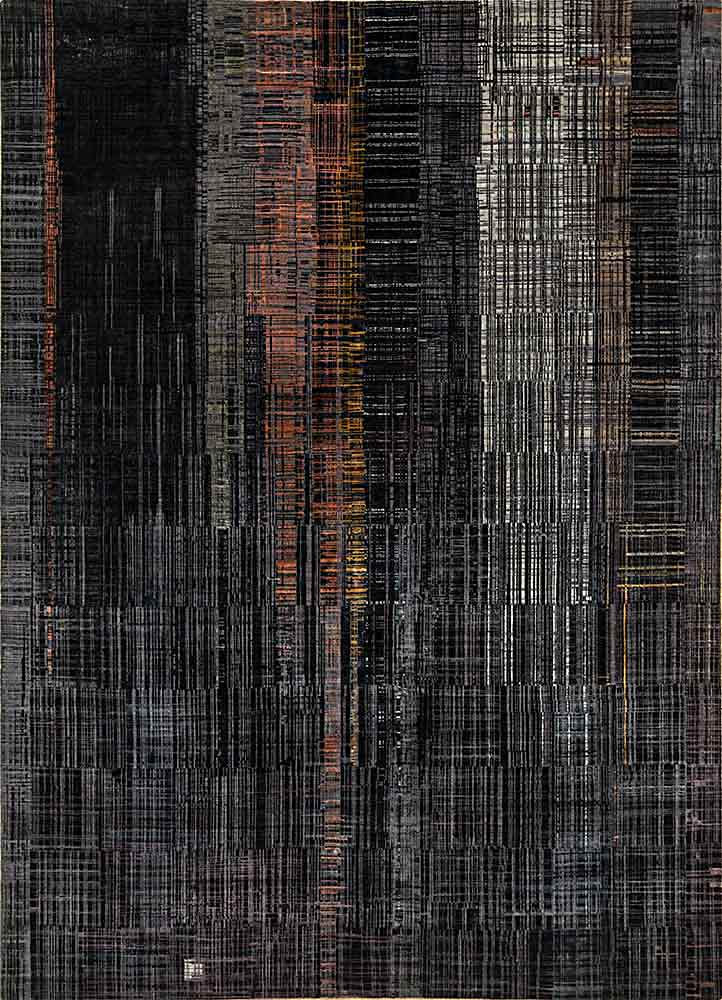 unstring by kavi grey and black wool and bamboo silk hand knotted Rug - HeadShot