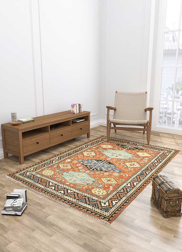 akida red and orange wool hand knotted Rug - Loom