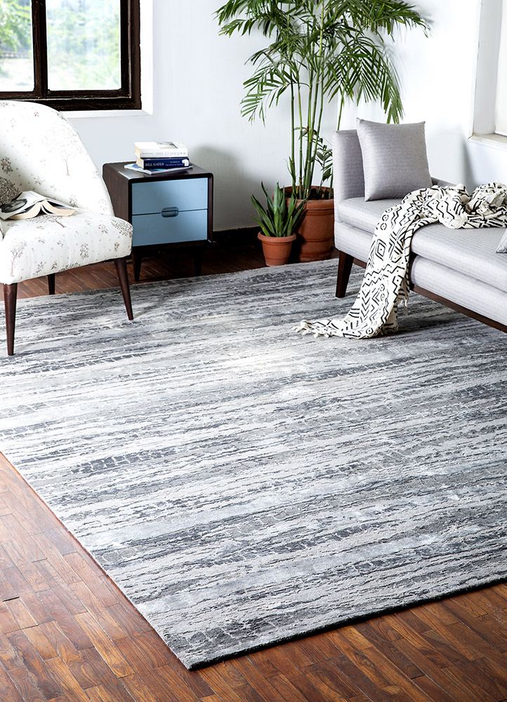 chaos theory by kavi grey and black wool and bamboo silk hand knotted Rug - RoomScene