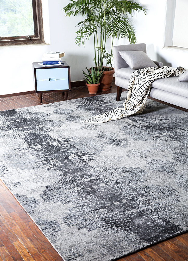 project error by kavi grey and black wool and bamboo silk hand knotted Rug - RoomScene